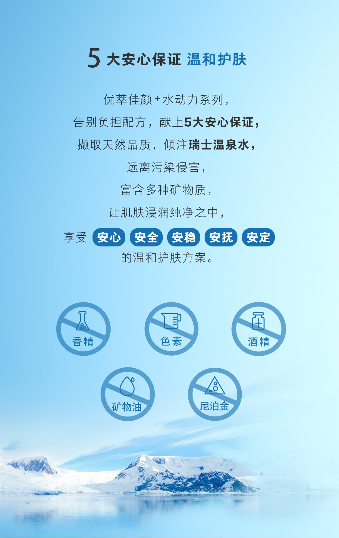 5大安心保证温和护肤,优萃佳颜+水动力系列,告别负担配方,献上5大安心保证,撷取天然品质,倾注瑞士温泉水,远离污染侵害,富含多种矿物质,让肌肤浸润纯净之中,享受(安心)(安全)(安稳)(安抚)(安定)的温和护肤方案。 香精、色素、酒精、矿物油、尼泊金 优萃佳颜+水动力精华露